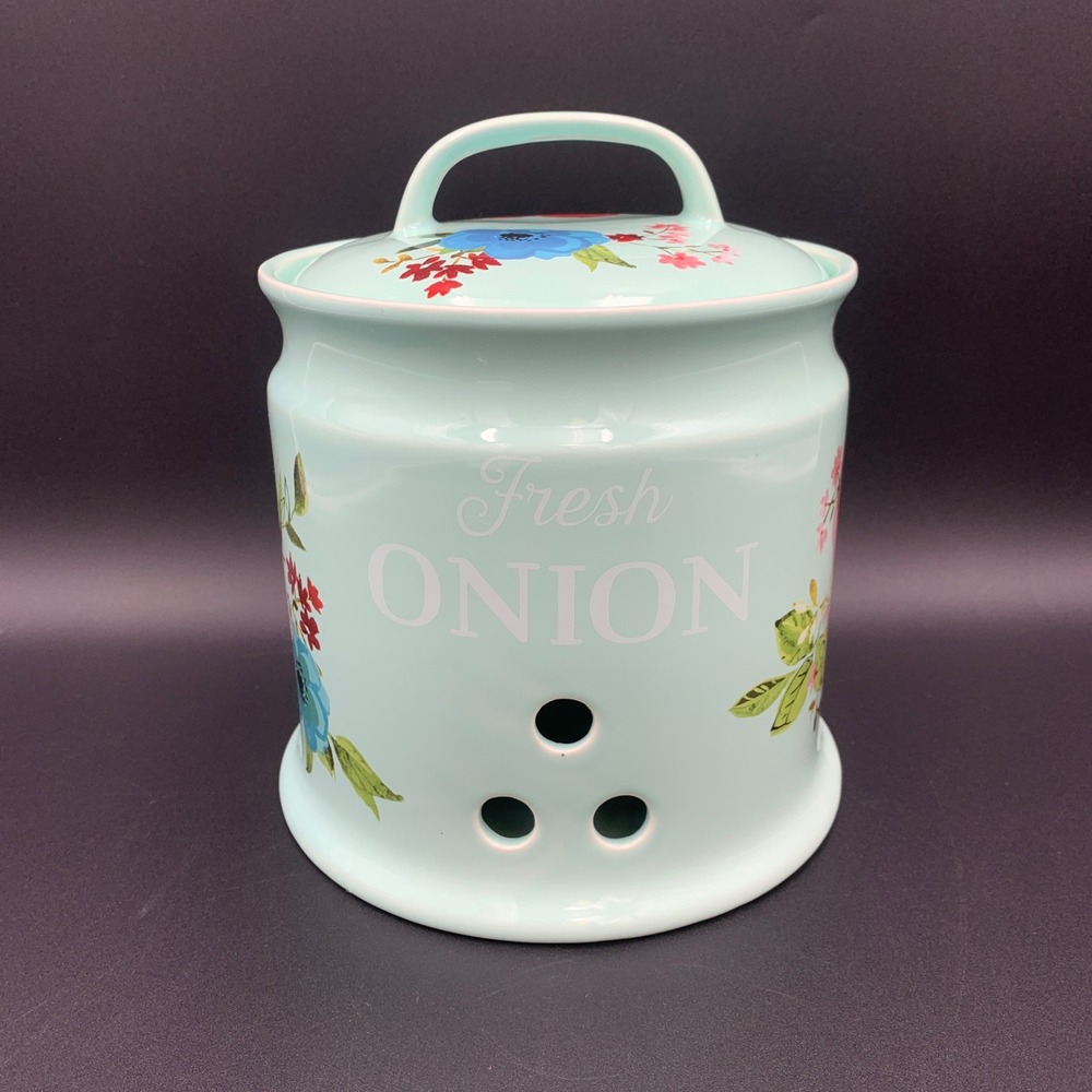 Pioneer Woman Melody Ceramic Onion Keeper Teal Floral Canister